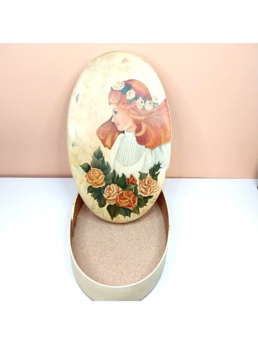 Hand-Painted Wooden Oval Storage Box Folk Art Victorian Lady Roses 1993